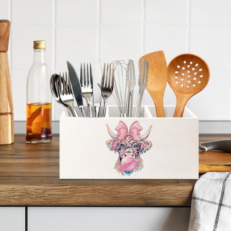 KBRCT Coquette Highland Cow Western Wooden Utensils Holder, Farmhouse Trendy Pastel Bubblegum Cow Country Wood Cooking Utensil Holder Organizer for Kitchen Countertop Counter Decor Accessories - Image 5